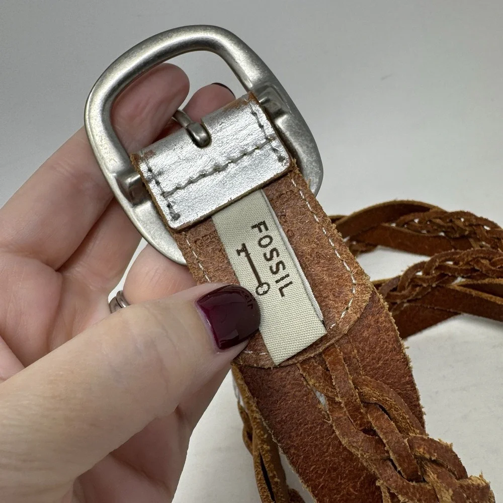 Fossil Womens Silver Metallic‎ Braided Leather Belt Size Large Boho Genuine
